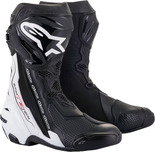 Alpinestars Supertech R motorcycle boots in black and white, US 9.5/EU 44, showing the sporty design and sturdy construction.
