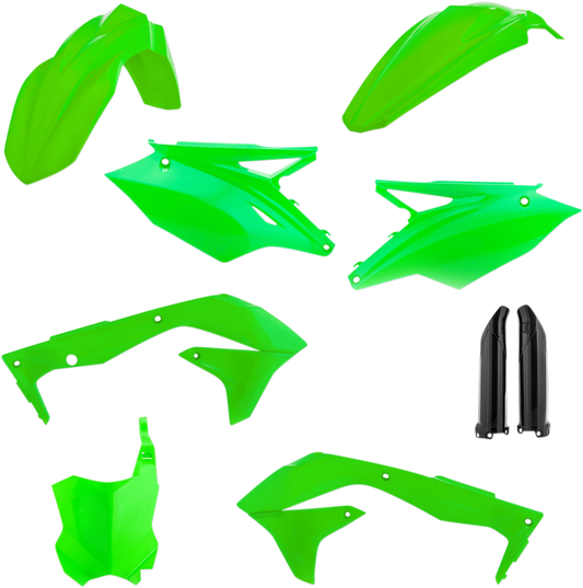 Acerbis fluorescent green full replacement body kit for motorcycles, featuring sleek design and vibrant color for a bold look.