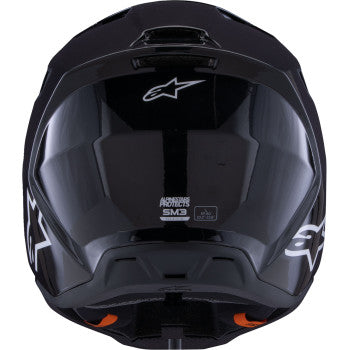 Gloss black ALPINESTARS SM3 motorcycle helmet in large size with a solid finish, featuring a sleek, aerodynamic design.