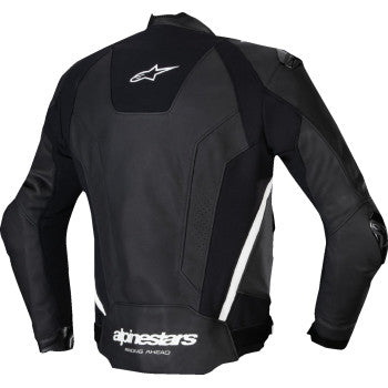 Black and white Alpinestars Missile v3 leather motorcycle jacket displayed on a mannequin, US size 44 / EU size 54.
