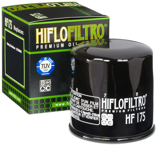 HIFLOFILTRO HF175 motorcycle engine oil filter showing a cylindrical metal filter with rubber seals