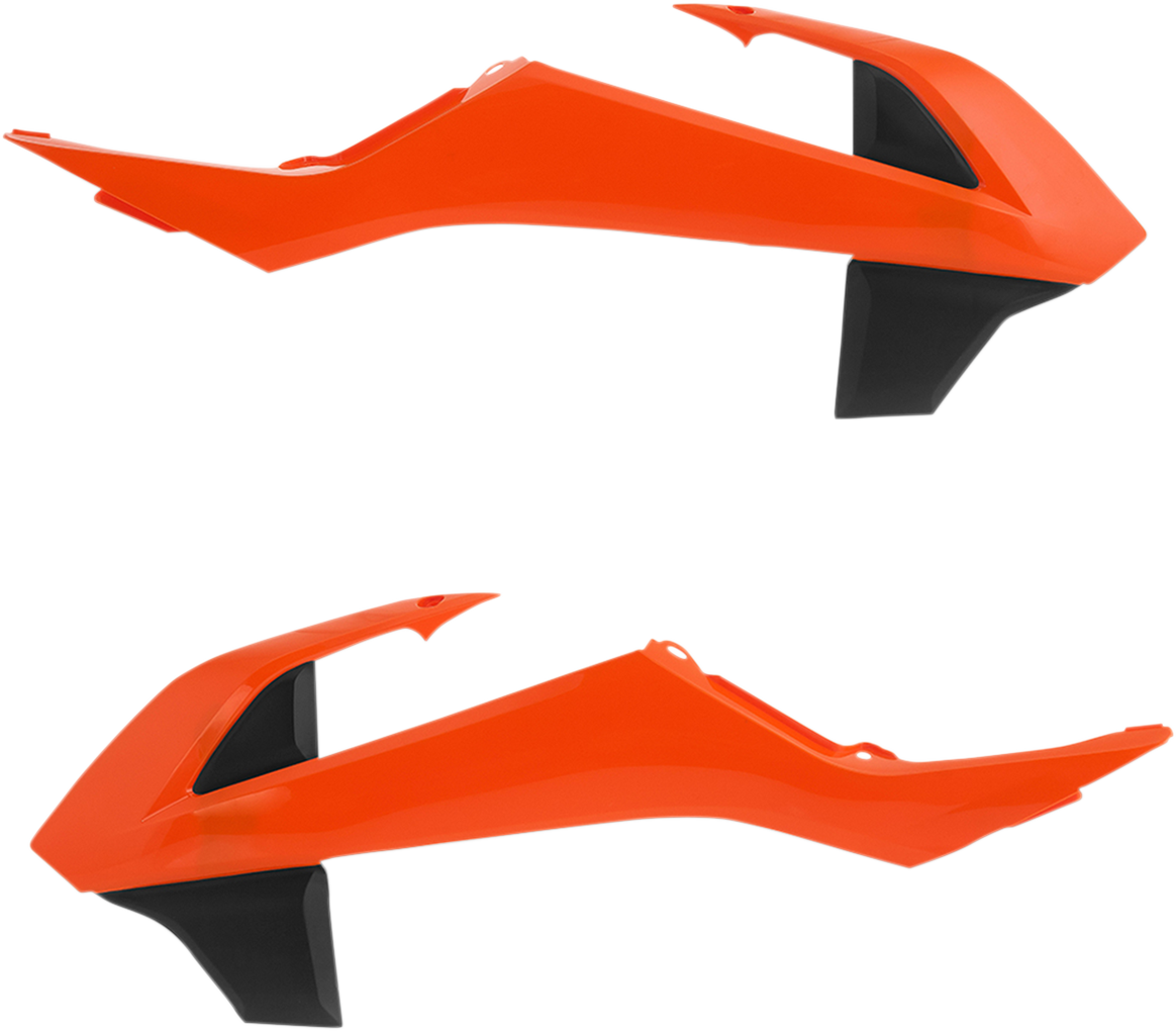 Acerbis radiator shrouds in orange and black for motorcycle body, designed for off-road or motocross bikes.