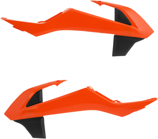 Acerbis radiator shrouds in orange and black for motorcycle body, designed for off-road or motocross bikes.