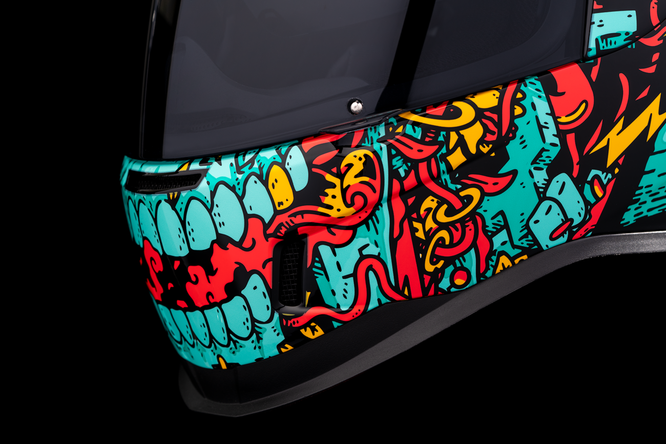 Blue ICON Airform™ MIPS helmet in medium size with Munchies design, featuring a sleek helmet shape and adjustable straps.
