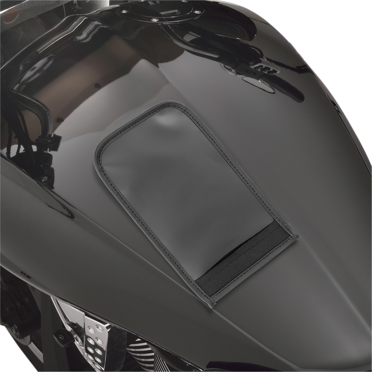Bill's Exhausts SHOW CHROME universal tank pouch for engine protection, shown attached to a motorcycle tank.