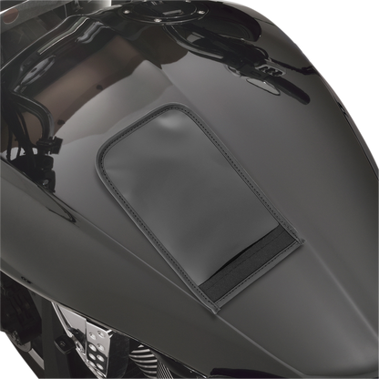 Bill's Exhausts SHOW CHROME universal tank pouch for engine protection, shown attached to a motorcycle tank.