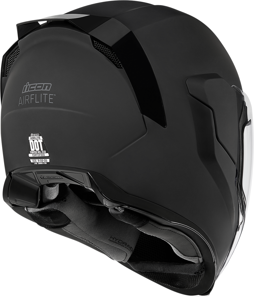 Black ICON Airflite™ helmet with rubatone finish, medium size, featuring aerodynamic design and clear visor.