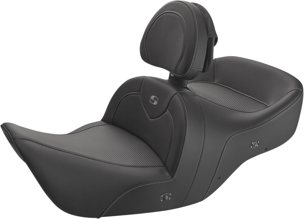 Black SADDLEMEN Heated Roadsofa Seat with carbon fiber finish and backrest, designed for motorcycle comfort.
