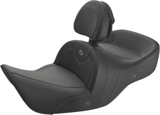 Black SADDLEMEN Heated Roadsofa Seat with carbon fiber finish and backrest, designed for motorcycle comfort.