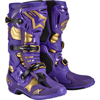 Alpinestars Salt Lake Tech 10 motorcycle boots in purple, gold, and black with protective features and buckles, US 11 size.