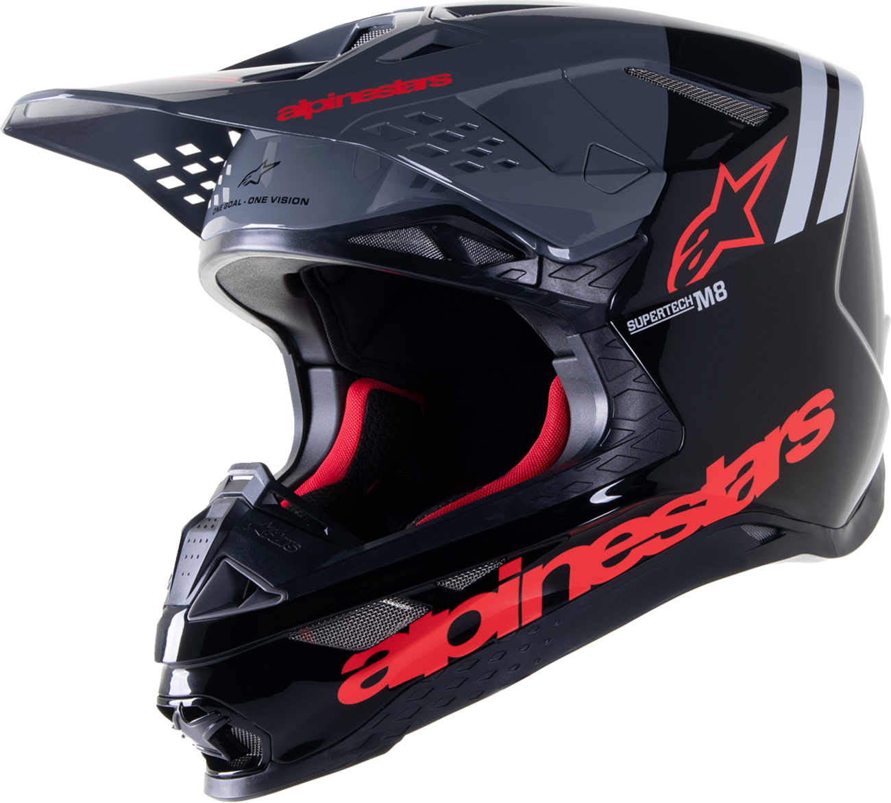 Alpinestars Supertech M8 helmet in gloss black and neon red with MIPS® safety features, size 2XL, shown from the front.