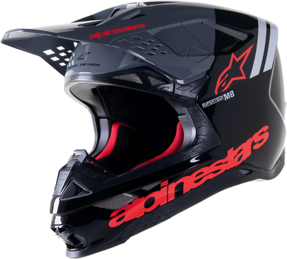 Alpinestars Supertech M8 helmet in gloss black and neon red with MIPS® safety features, size 2XL, shown from the front.