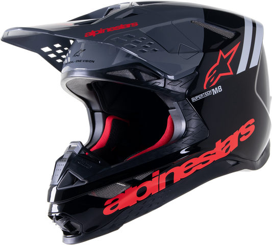 Alpinestars Supertech M8 helmet in gloss black and neon red with MIPS® safety features, size 2XL, shown from the front.