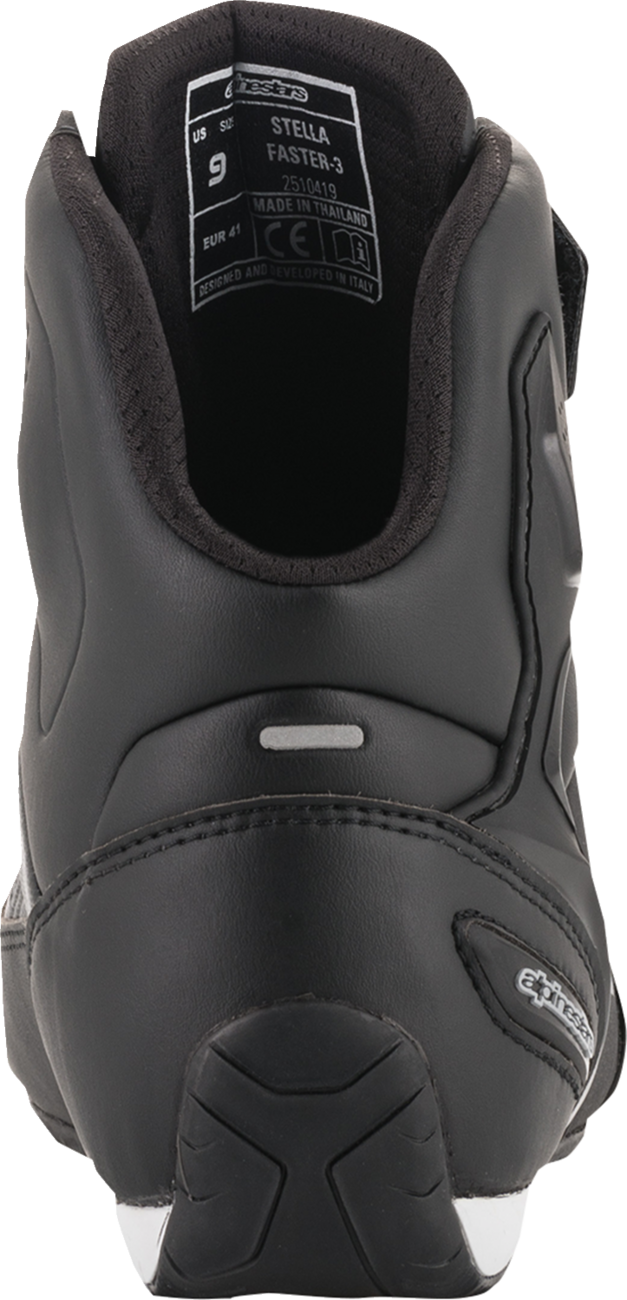 Alpinestars Stella Faster-3 motorcycle shoes in black and silver, US 10.5, featuring protective design and stylish finish.