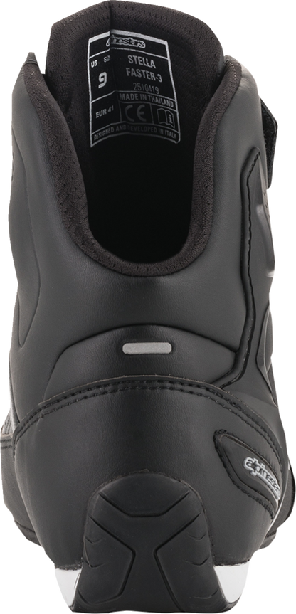 Alpinestars Stella Faster-3 motorcycle shoes in black and silver, US 10.5, featuring protective design and stylish finish.
