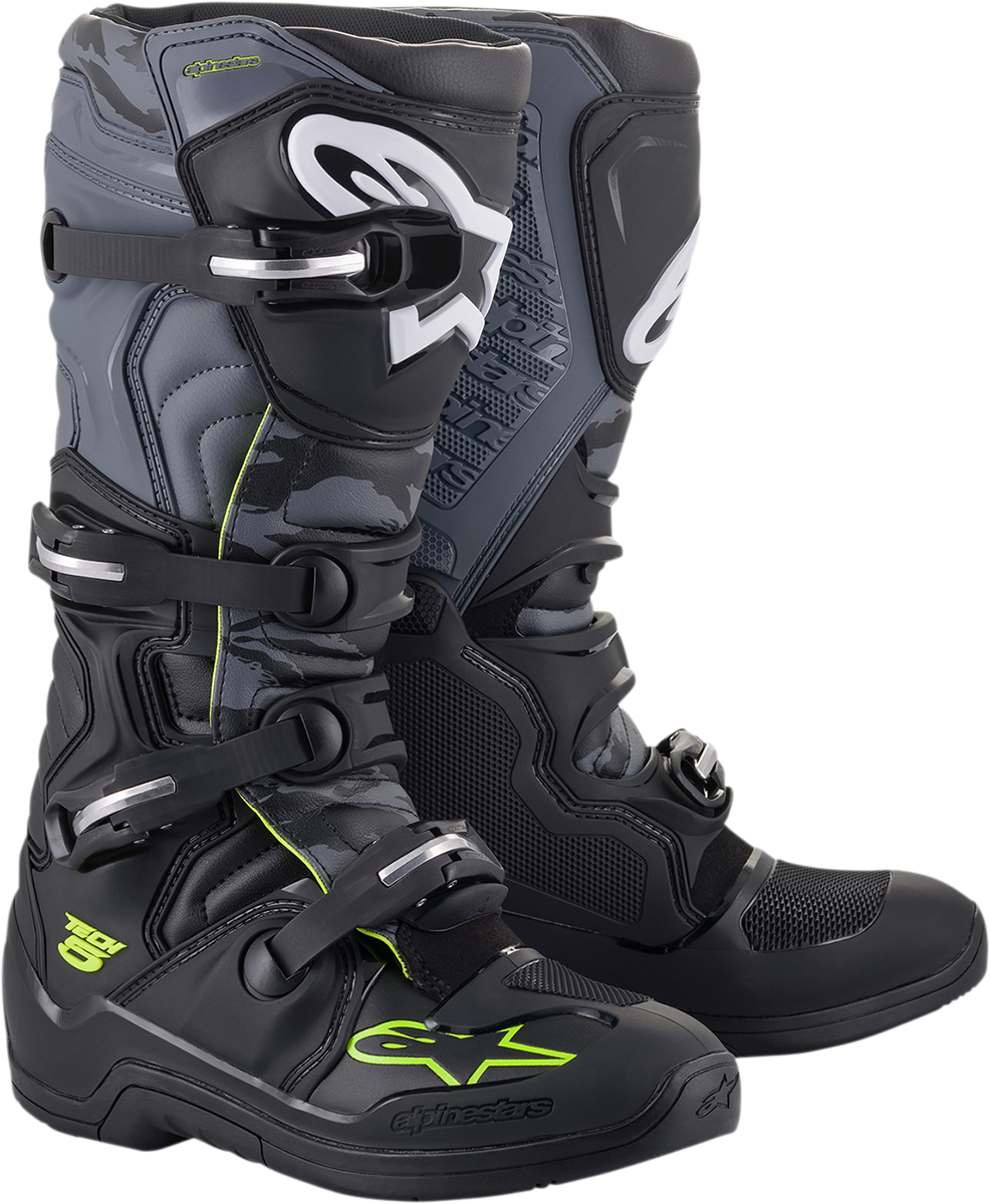 Alpinestars Tech 5 motorcycle riding boots in black and gray, US size 11, featuring protective design and durable materials.