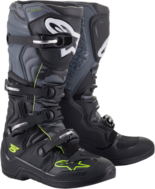 Alpinestars Tech 5 motorcycle boots in black and gray, US size 12, featuring rugged design and protective features.