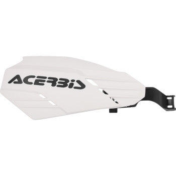 A pair of ACERBIS K-Linear Handguards in white and black, motorcycle body protection accessories on display.
