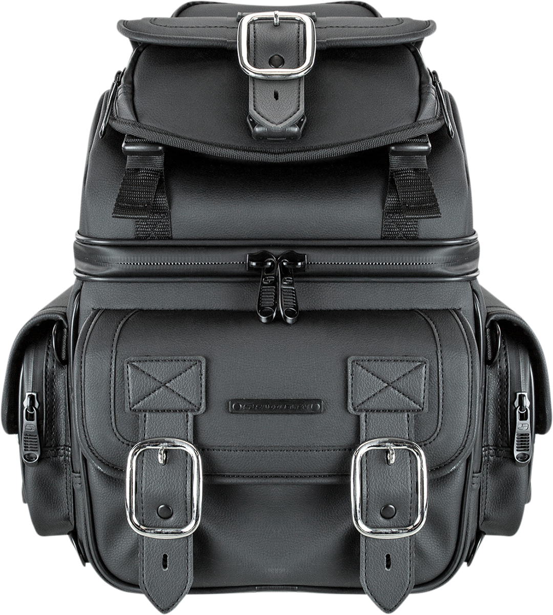 Black SADDLEMEN BR1800D sissy bar bag mounted on motorcycle seat, designed for storage and style.