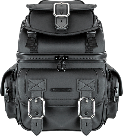 Black SADDLEMEN BR1800D sissy bar bag mounted on motorcycle seat, designed for storage and style.