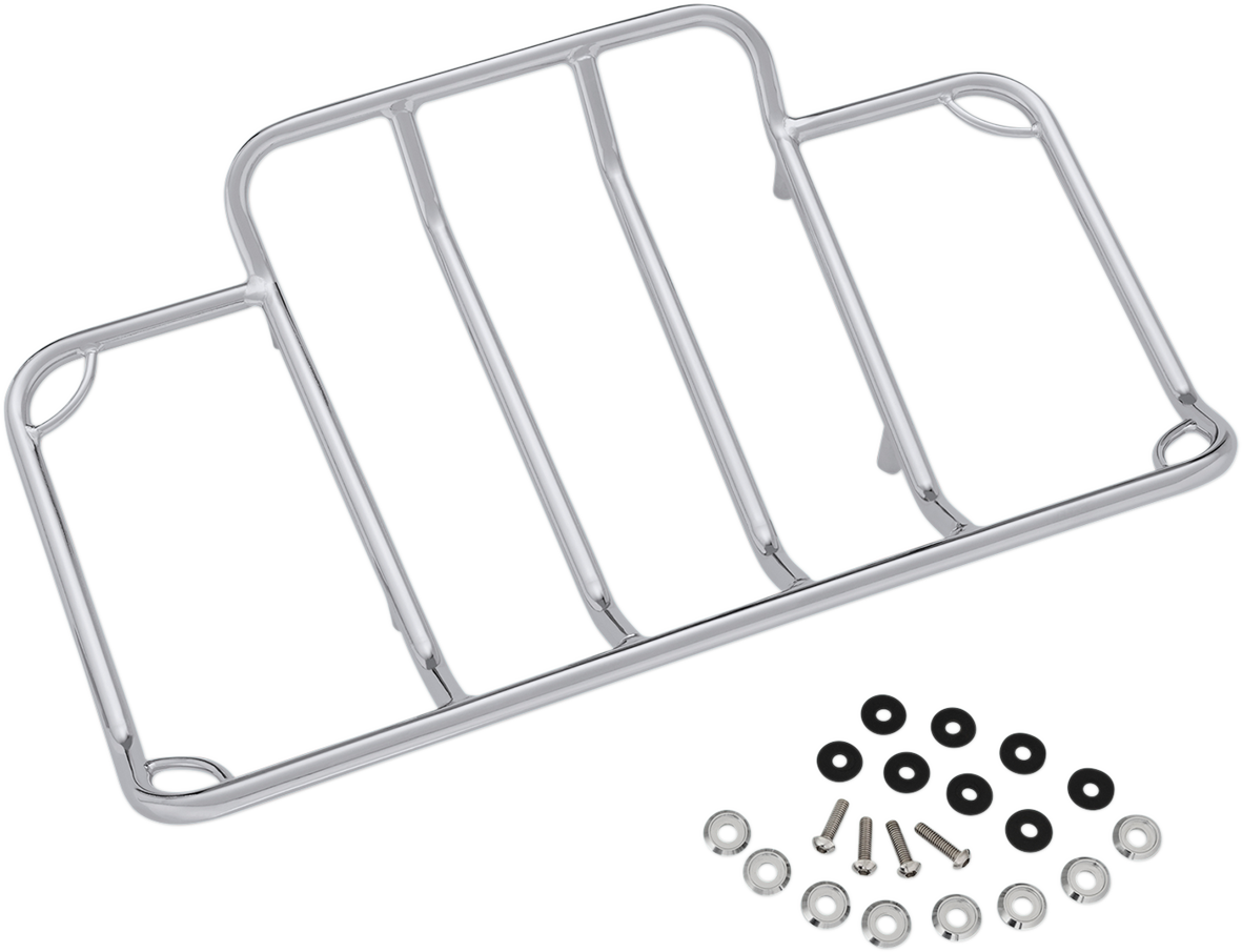 Chrome trunk luggage rack for motorcycle engine by Bill's Exhausts, featuring a sturdy metal design and mounting brackets.