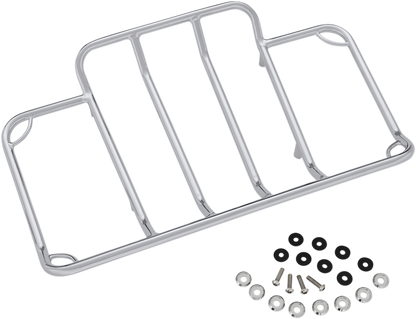 Chrome trunk luggage rack for motorcycle engine by Bill's Exhausts, featuring a sturdy metal design and mounting brackets.