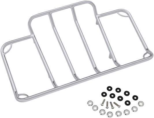 Chrome trunk luggage rack for motorcycle engine by Bill's Exhausts, featuring a sturdy metal design and mounting brackets.