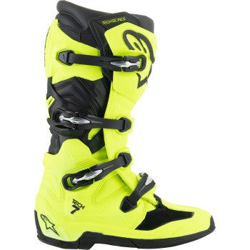 Alpinestars Tech 7 motorcycle boots in fluorescent yellow and black, US size 14, showing sturdy construction and protective design.