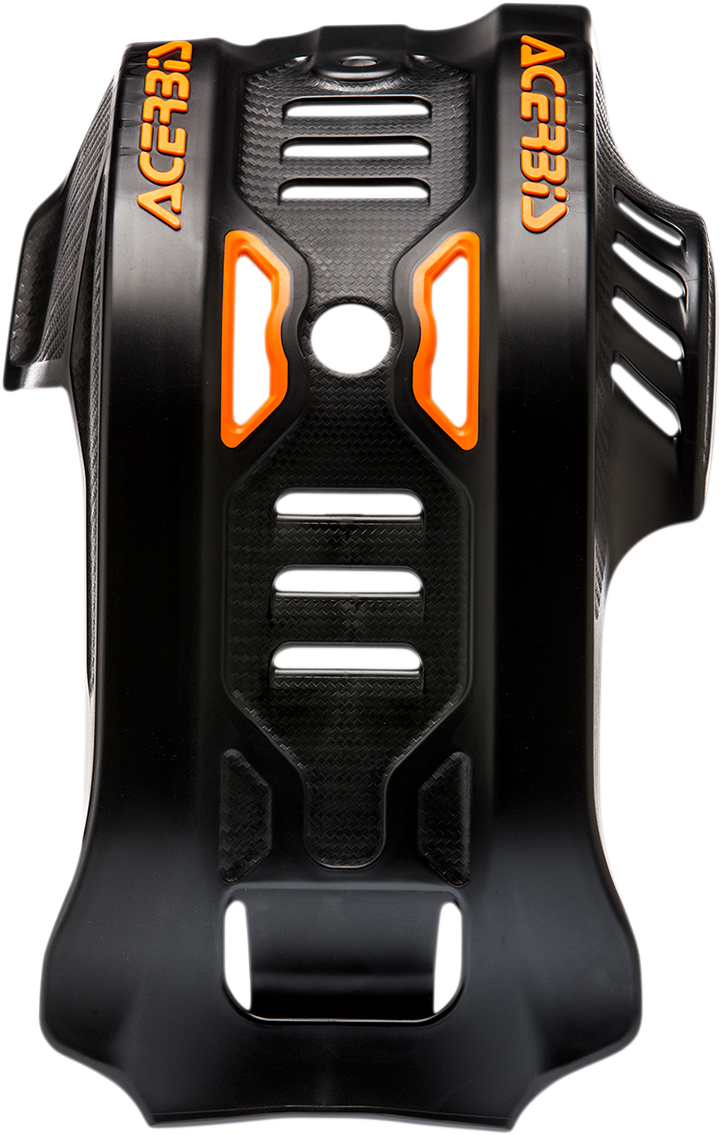 Acerbis black and orange KTM skid plate mounted on motorcycle body, designed for off-road protection.