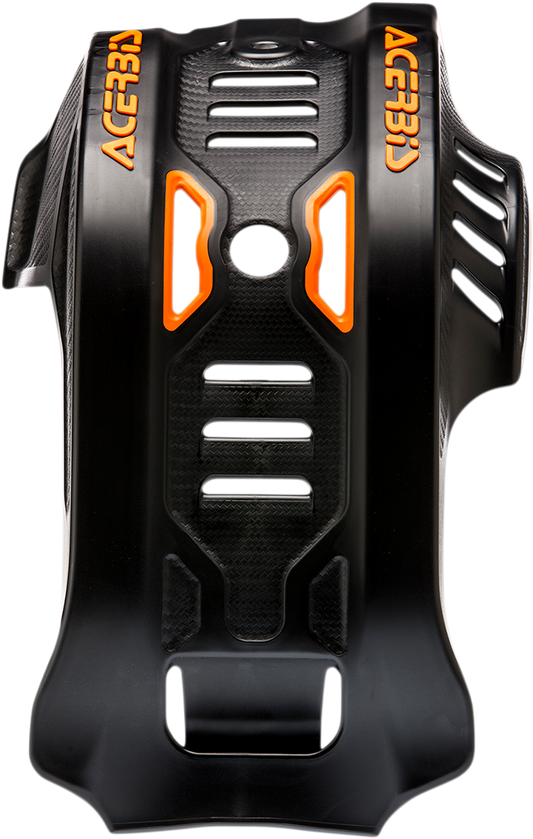 Acerbis black and orange KTM skid plate mounted on motorcycle body, designed for off-road protection.