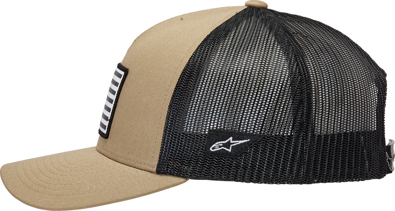 Alpinestars Flag Snapback Hat in sand and black with adjustable one size fits all, featuring the brand's logo on the front.