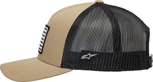 Alpinestars Flag Snapback Hat in sand and black with adjustable one size fits all, featuring the brand's logo on the front.