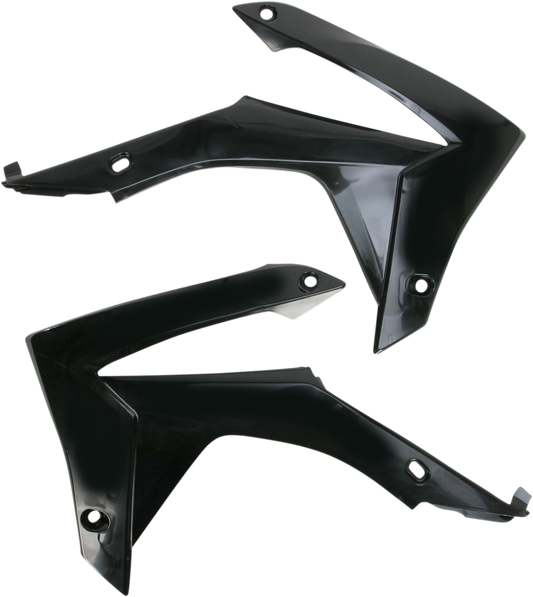 ACERBIS radiator shrouds in black for motorcycle body protection, with mounting details visible on the product image.