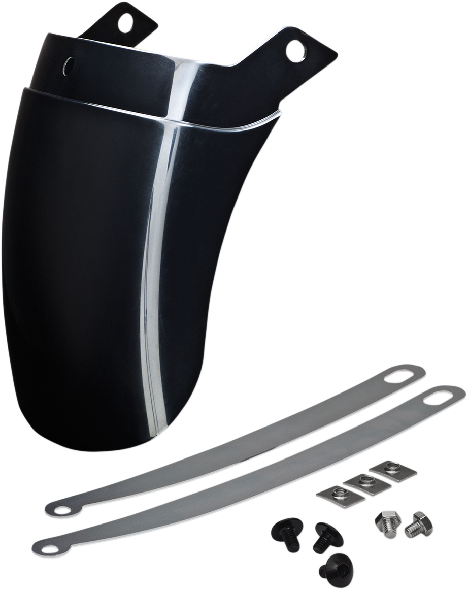 Bill's Exhausts SHOW CHROME black tapered front fender extension for engine, featuring sleek design and precise fit.