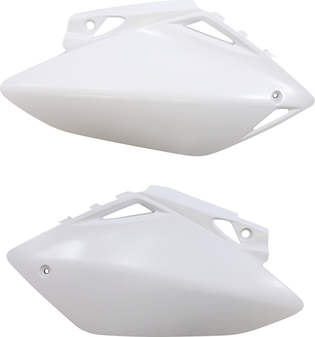 Acerbis white side panels for motorcycle body, designed to fit compatible models, with smooth white finish and mounting points visible.