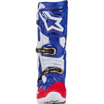 Alpinestars Union Tech 10 motorcycle boots in red, white, and blue with sturdy design and ankle protection, US size 10.
