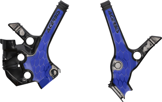Acerbis X-Grip Frame Guards in black and blue on motorcycle frame, designed for protection and style.