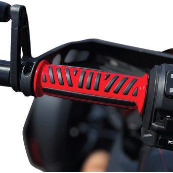 Red SHOW Chrome Combat Grips for Ryker by Bill's Exhausts, featuring textured rubber and chrome accents for enhanced grip and style.