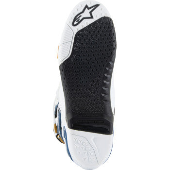 Alpinestars Arlington LE Tech 10 motorcycle boots in white, blue, and gold with sturdy design and ankle protection.