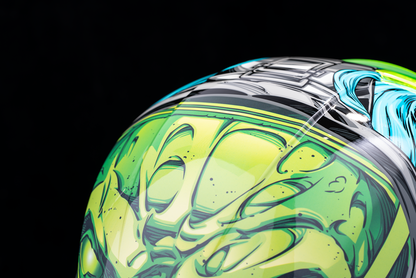 Blue ICON Airframe Pro™ motorcycle helmet with outbreak design, showing the helmet's sleek shape and vibrant graphics.
