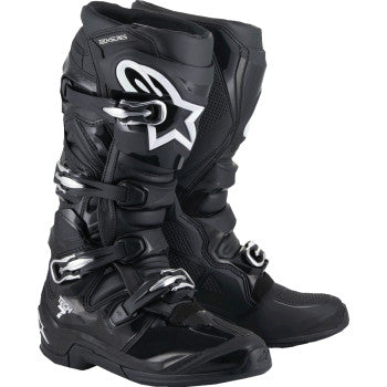 Black Alpinestars Tech 7 motorcycle boots with protective features, US size 14, designed for off-road riding.