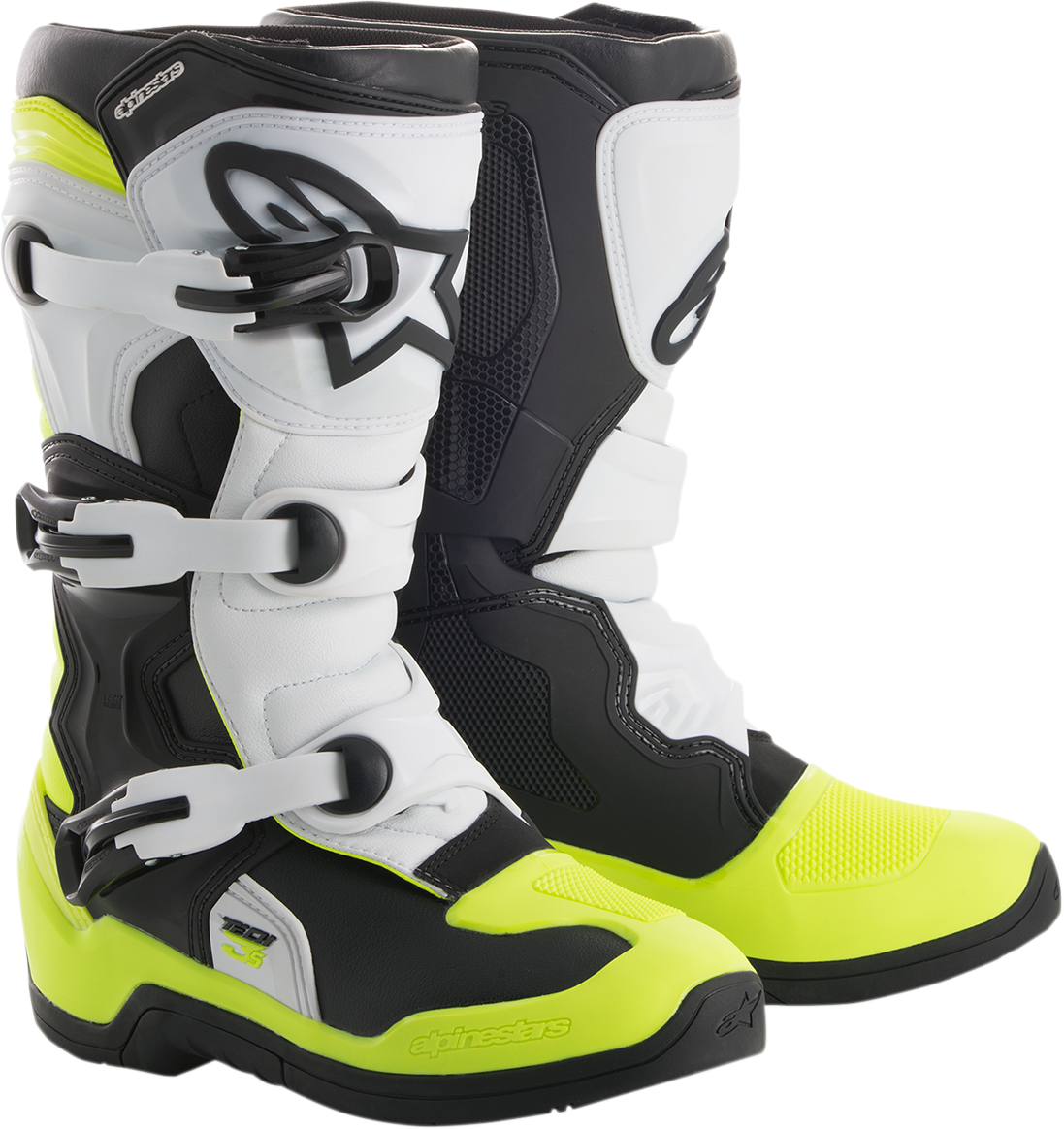 Alpinestars Tech 3S motorcycle boots in black, white, and fluorescent yellow with US size 8, featuring protective design and ankle support.