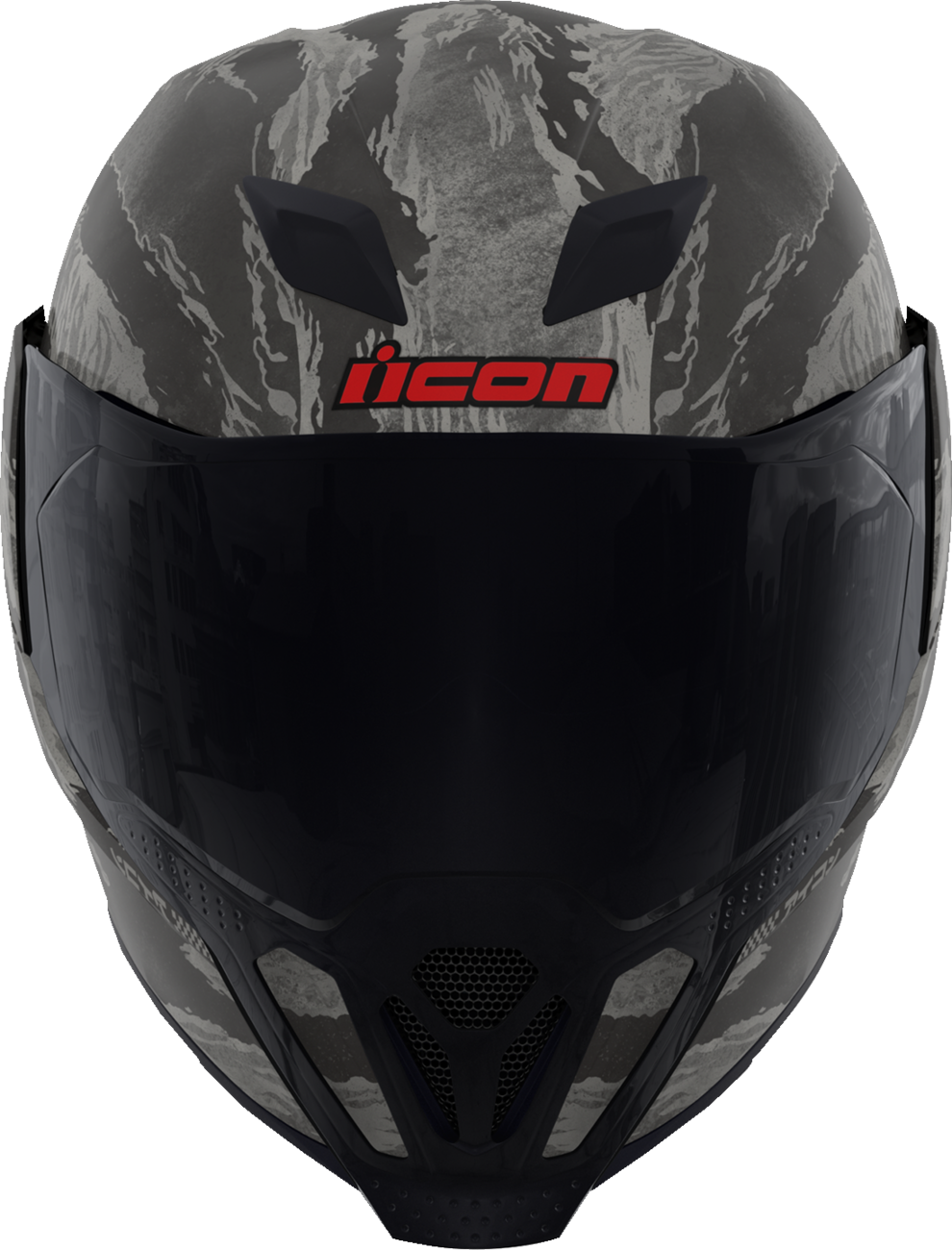 Bill's Exhausts ICON Airflite™ helmet in Tiger's Blood design with gray color, MIPS® safety system, size 3XL, front view.