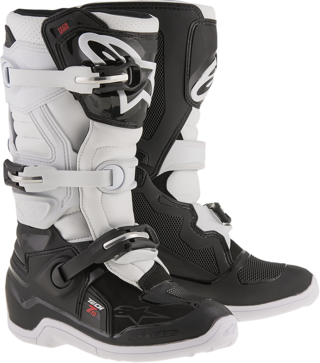 Alpinestars Youth Tech 7S motorcycle boots in black and white with sturdy design and protective features for young riders.