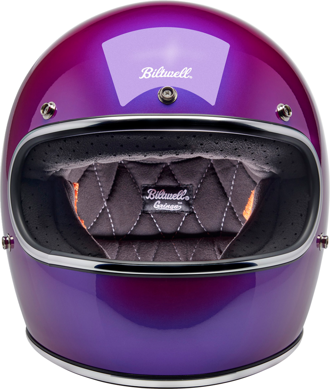 Metallic Grape BILTWELL Gringo helmet in medium size, showing its glossy purple finish and classic vintage motorcycle helmet design