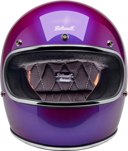 Metallic Grape BILTWELL Gringo helmet in medium size, showing its glossy purple finish and classic vintage motorcycle helmet design