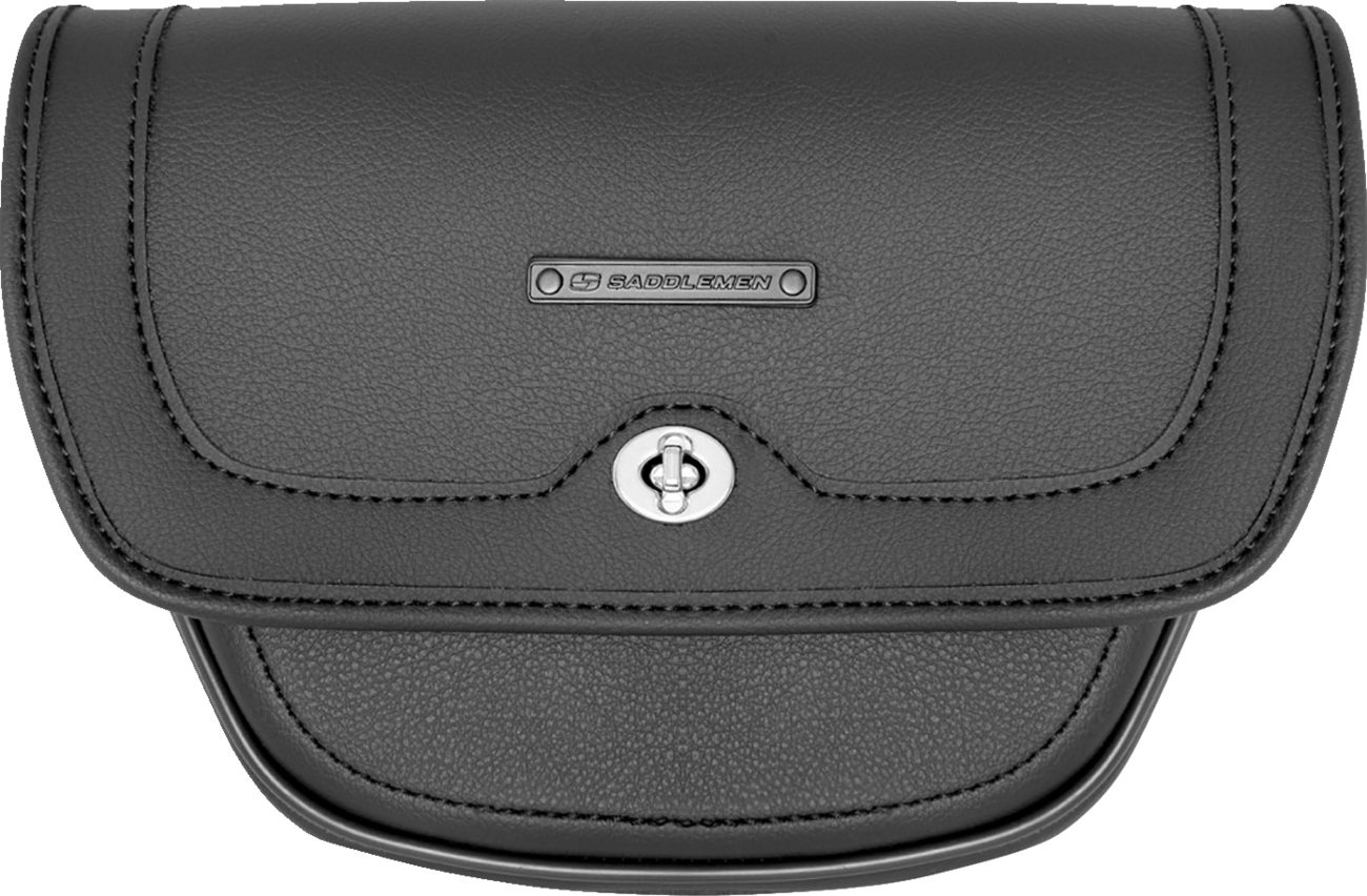 Bill's Exhausts Saddlemens handlebar bag D160 seat mounted on a motorcycle with straps and weather-resistant material.