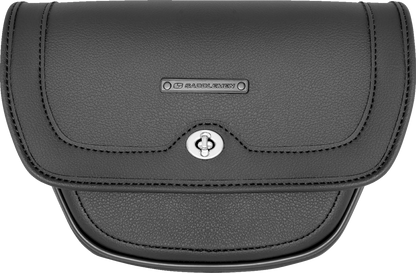 Bill's Exhausts Saddlemens handlebar bag D160 seat mounted on a motorcycle with straps and weather-resistant material.