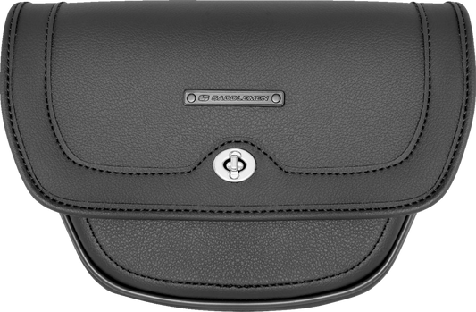 Bill's Exhausts Saddlemens handlebar bag D160 seat mounted on a motorcycle with straps and weather-resistant material.