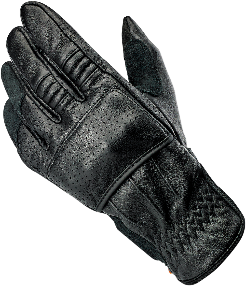 Black BILTWELL Borrego Gloves in XL size, made by Bill's Exhausts, showing close-up of durable motorcycle glove with textured palm